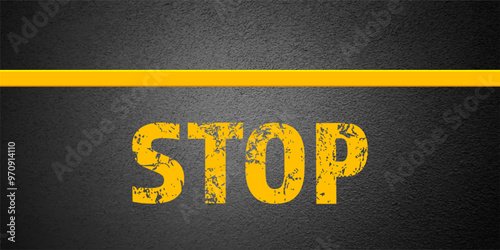 Asphalt road with stop lane marking, concrete highway surface, texture. Street traffic line, road dividing strip. Pattern with grainy structure, grunge stone background. Vector illustration