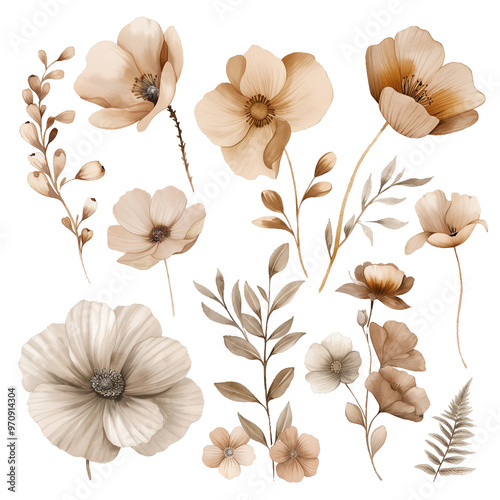 Watercolor illustrations pastel color, icons for clip art flowers.A beautiful set of brownhued flowers and vibrant leaves on a white background