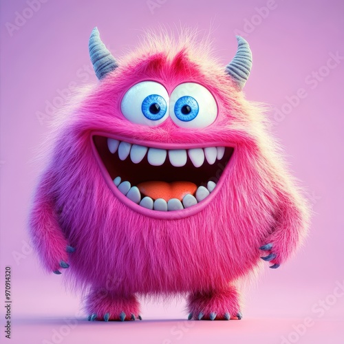 Cute and furry pink monster with good character, Big eyes and smile. studio render quality. Cartoon style. 