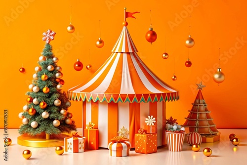 Festive circus-themed christmas display with ornaments and gifts for holiday decoration