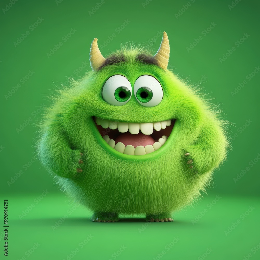 Obraz premium Cute and furry green monster with good character, Big eyes and smile. studio render quality. Cartoon style. 