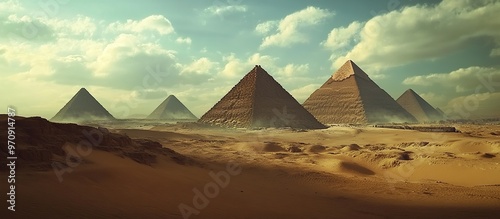 Majestic pyramids rise from the desert under a cloudy sky. photo