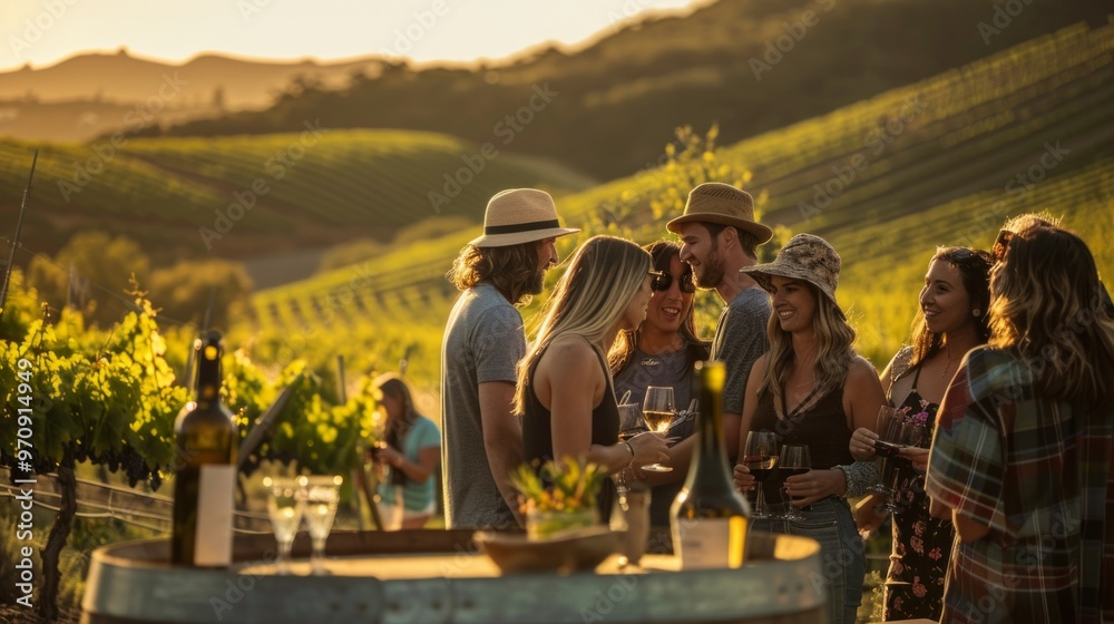 Friends of varying ages enjoy a cheerful wine tasting at a vineyard. With smiles and laughter, they gather around a table with wine, creating a social and sunny atmosphere amid lush vines and hills. Friends of varying ages enjoy a cheerful wine tasting at a vineyard. With smiles and laughter, they gather around a table with wine, creating a social and sunny atmosphere amid lush vines and hills.