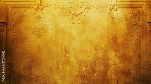 Vintage yellow wall with ornate design, possibly royal emblem, in subdued lighting. Dark edges contrast, highlighting aged look. photo