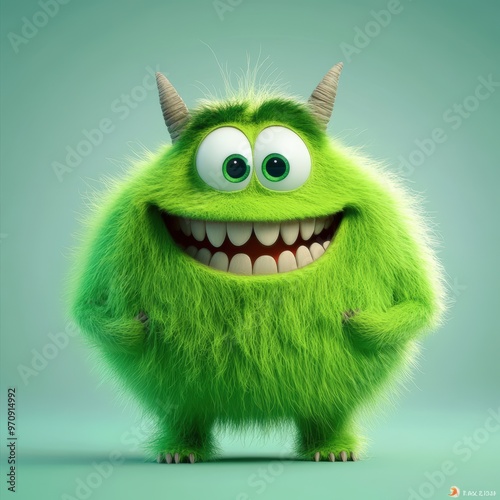 Cute and furry blue monster with good character, Big eyes and smile. studio render quality. Cartoon style. 