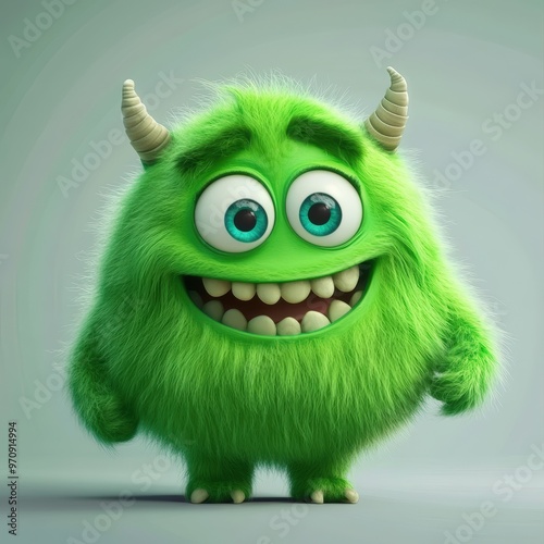 Cute and furry blue monster with good character, Big eyes and smile. studio render quality. Cartoon style. 