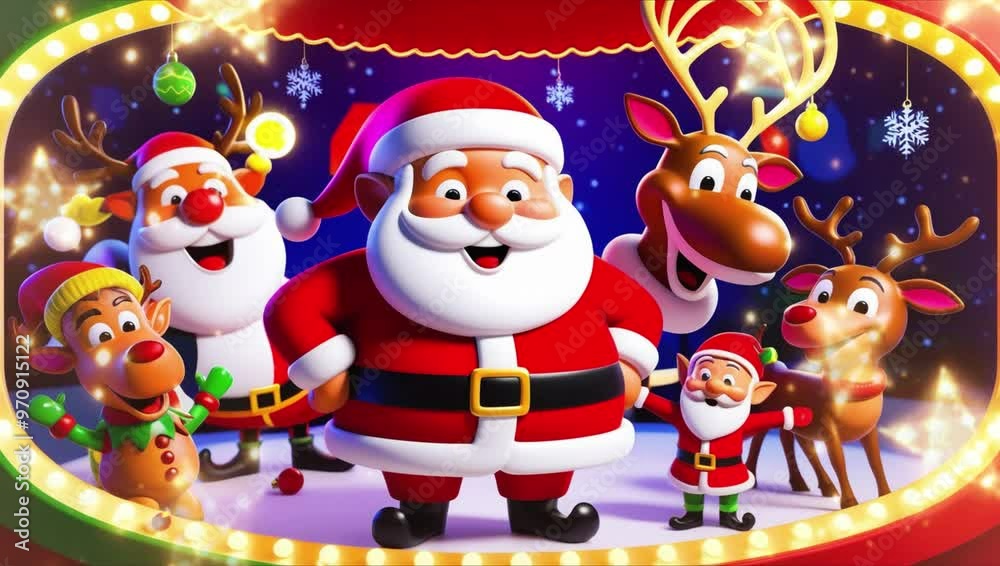 Cheerful Cartoon Christmas Background with Santa and Snowflakes Cheerful Cartoon Christmas Background with Santa and Snowflakes