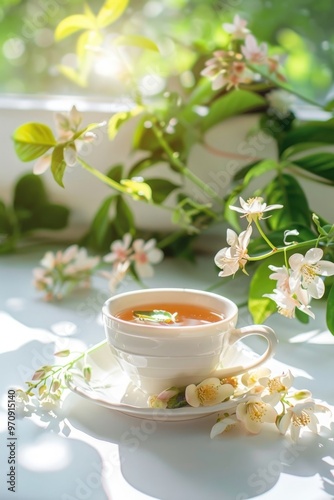 Moringa Flower Tea in Serene Morning Light on white table. A cup of soothing moringa flower tea surrounded by delicate blossoms in soft sunlight