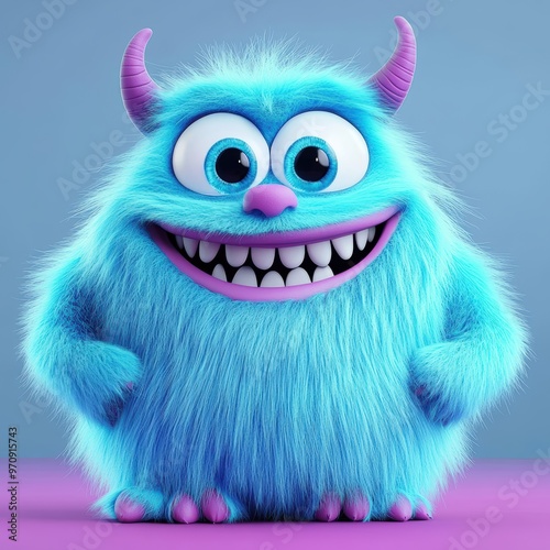 Cute and furry blue monster with good character, Big eyes and smile. studio render quality. Cartoon style.
