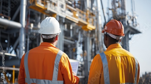 Oil rig workers in safety gear discussing project plans on an offshore platform. The workers wear hard hats and reflective vests while reviewing documents on the oil rig.