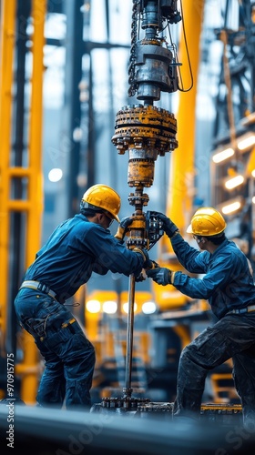 Oil rig workers in safety gear operating heavy drilling equipment on an offshore platform. The workers are focused on controlling the machinery, ensuring safe operation in oil extraction.