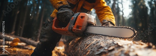 Lumberjack using a chainsaw to cut a tree log in a dense forest, showcasing hard work and precision.