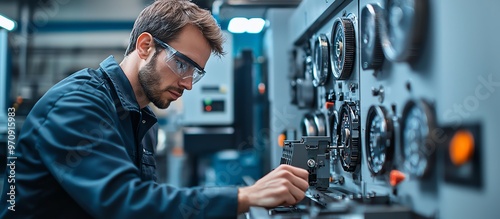 Engineer operating industrial equipment in a factory. Focused on controlling machinery with precision for manufacturing processes.