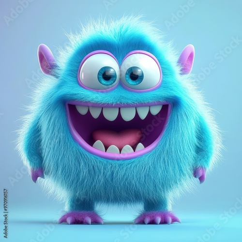 Cute and furry blue monster with good character, Big eyes and smile. studio render quality. Cartoon style.
