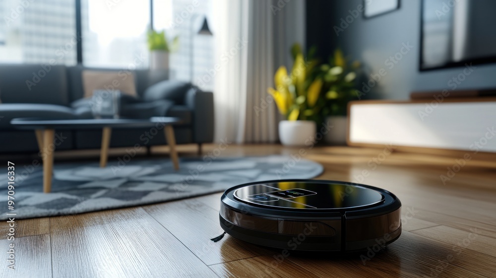 Robot Vacuum Cleaning a Modern Living Room Robot Vacuum Cleaning a Modern Living Room