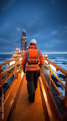 An oil rig worker in protective gear walks along an offshore platform during the evening. The worker is prepared for night operations, ensuring safety and supervision of the rig.