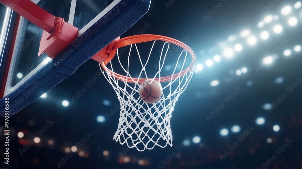 A basketball is about to enter the hoop during a game in a stadium. A basketball is about to enter the hoop during a game in a stadium.