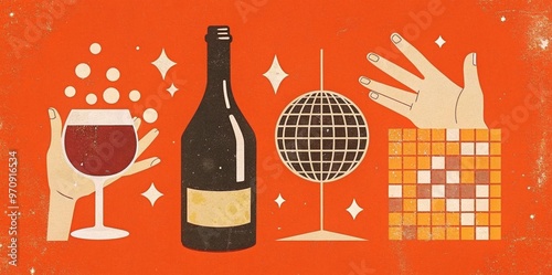 Creative collage design featuring wine, disco ball, and hand with mosaic elements