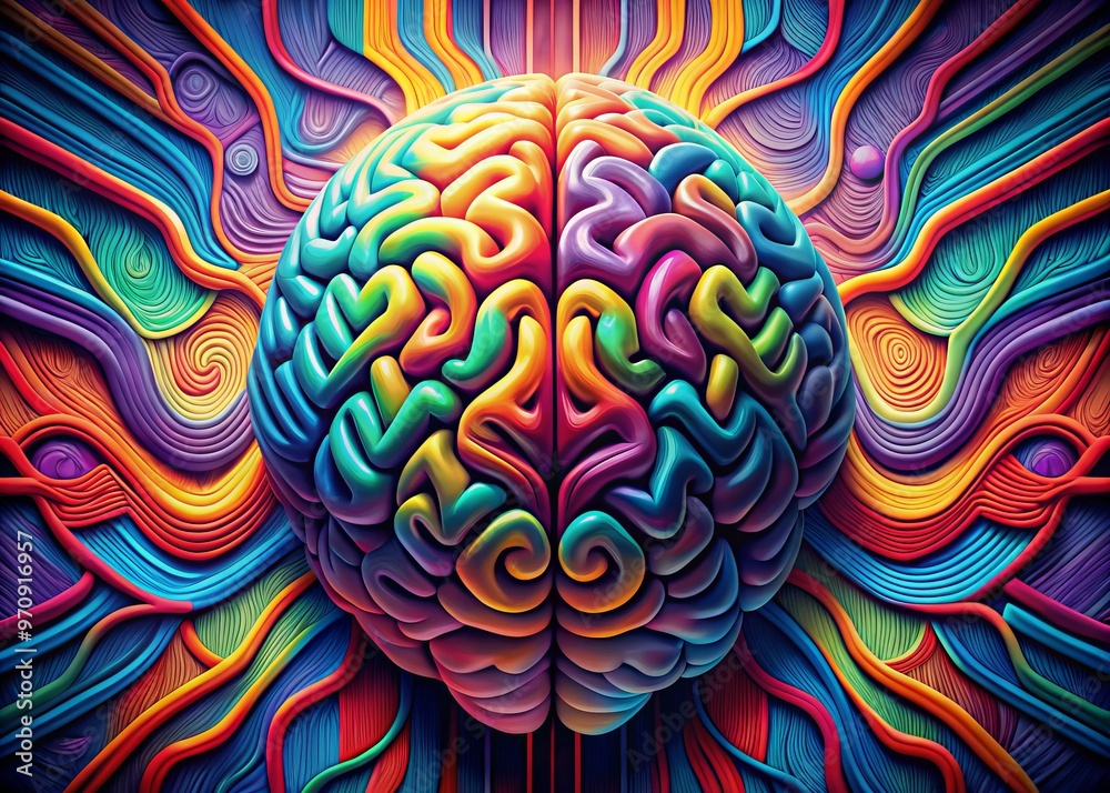 Fototapeta premium Vibrant colors swirl around a stylized brain shape, graphic patterns and bold lines blending in a retro-futuristic representation of creative thinking and intellectual curiosity.