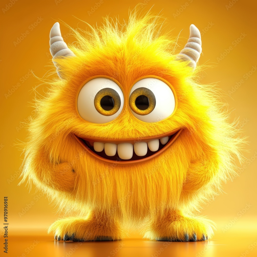 Obraz premium Cute and furry yellow monster with good character, Big eyes and smile. studio render quality. Cartoon style. 