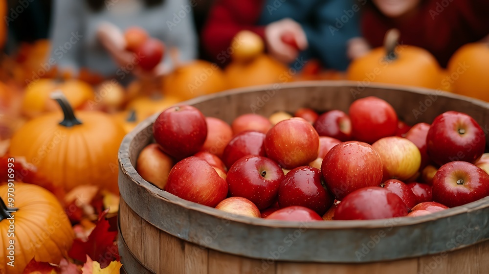 Barrel of apples surrounded by pumpkins and autumn leaves
Barrel of apples surrounded by pumpkins and autumn leaves