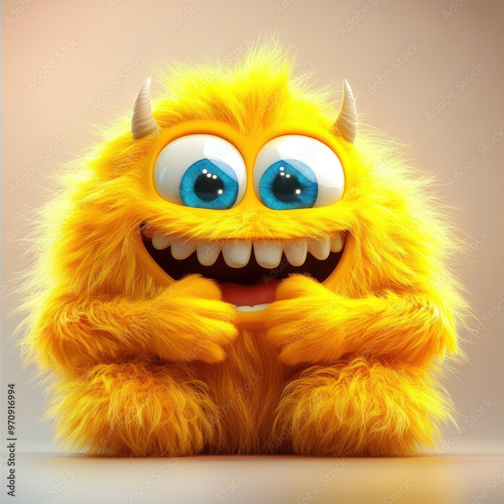Obraz premium Cute and furry yellow monster with good character, Big eyes and smile. studio render quality. Cartoon style. 