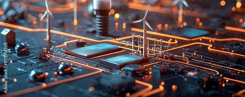 Smart grid, interconnected energy network with renewable sources, 3D illustration