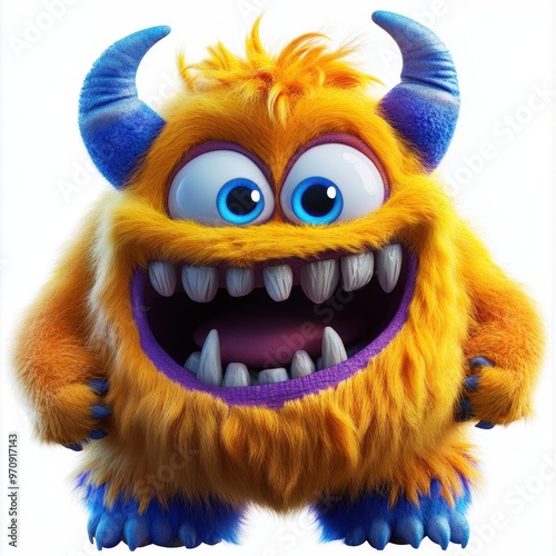 Cute and furry yellow monster with good character, Big eyes and smile. studio render quality. Cartoon style. 