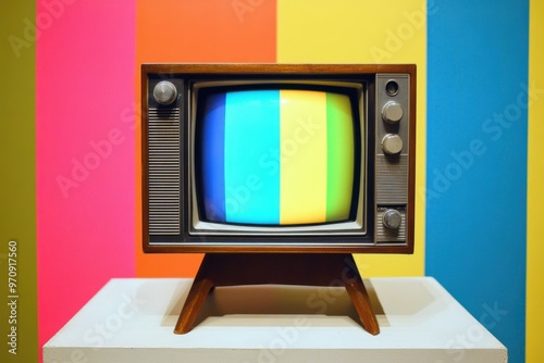 Televisión antigua de época de los 90 con las líneas de colores en la pantalla y el fondo de pared de los mismos colores. Televisión retro. Recurso gráfico, fondo.