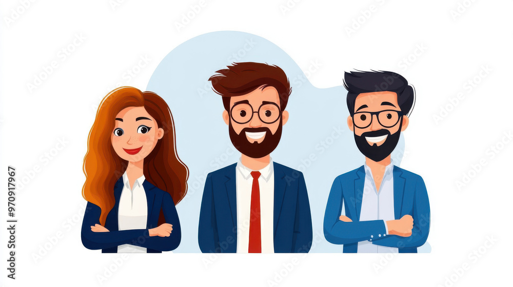 Obraz premium Illustration of three confident business professionals standing side by side, representing teamwork, leadership, and professional growth.