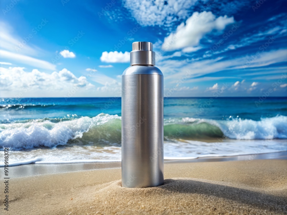 * Protect your skin from the sun's harsh rays with our Bemotrizinol sunscreen, packaged in a sleek silver bottle with soothing ocean waves in the background. * Protect your skin from the sun's harsh rays with our Bemotrizinol sunscreen, packaged in a sleek silver bottle with soothing ocean waves in the background.