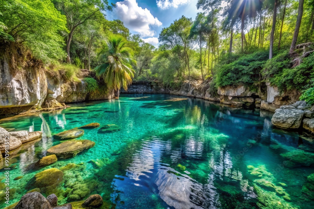Naklejka premium Surrounded by lush green vegetation, Cenote Zaci's crystal clear turquoise water glistens among ancient Mayan ruins, a tranquil oasis amidst Mesoamerican history.