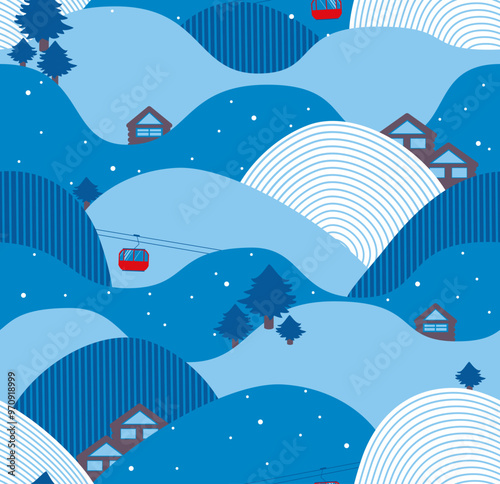 Ski resort seamless pattern. Winter landscape
