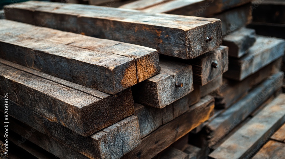 Pile of dusty rustic wooden boards with rusted nails sticking through them stacked haphazardly. Pile of dusty rustic wooden boards with rusted nails sticking through them stacked haphazardly.