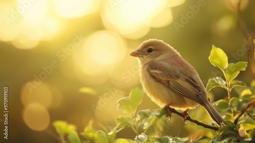 A Small Bird Perched on a Branch in Golden Light