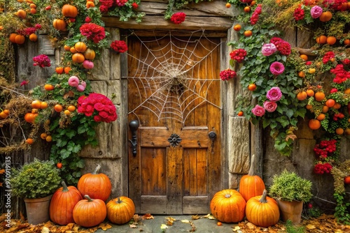 Cobweb-covered wooden door hangs crookedly on ancient hinges, creaking in the autumn wind, surrounded by jack-o-lanterns and bittersweet roses. photo