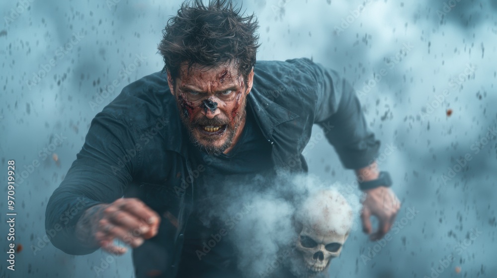 Eerie Minimalist Zombie Clawing Through Fog with Skull Smoke - Spooky Halloween Concept with Copy Space Eerie Minimalist Zombie Clawing Through Fog with Skull Smoke - Spooky Halloween Concept with Copy Space