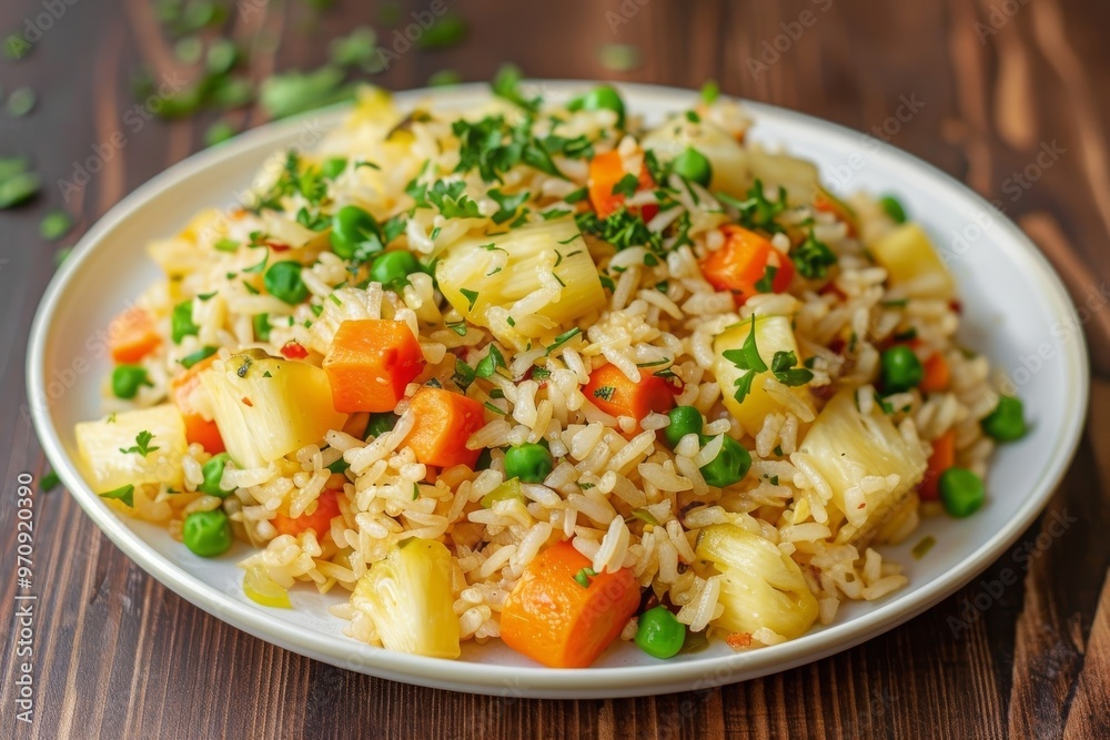  Vegan fried rice with pineapple, carrots and peas, balanced vegan meal