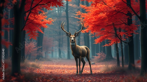 Illustration of a deer standing in the middle of an autumn forest with red leaves