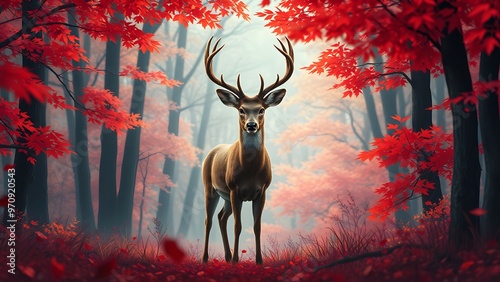Illustration of a deer standing in the middle of an autumn forest with red leaves