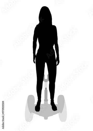 Silhouette of a girl standing on a segway made of black lines isolated on a white background. Girl riding a segway. Front view. Vector illustration.