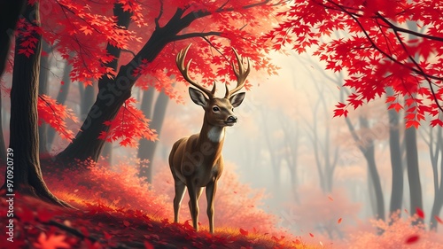Illustration of a deer standing in the middle of an autumn forest with red leaves
