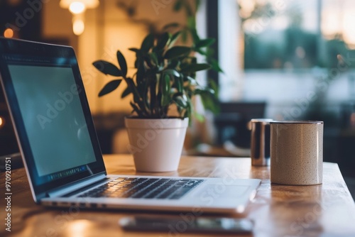 Trabajo online desde el ordenador portátil. Mesa de trabajo ordenada en un espacio abierto. Taza de café con una maceta junto al ordenador. Espacio abierto y bien iluminado para trabajar. photo