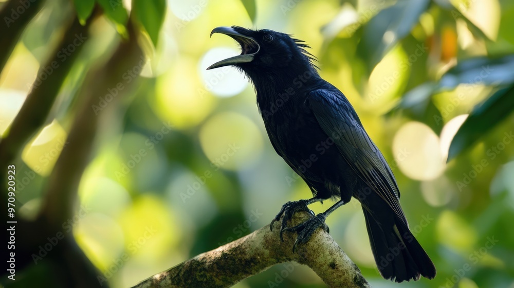 Black Crow Perched on a Branch in a Green Forest Black Crow Perched on a Branch in a Green Forest