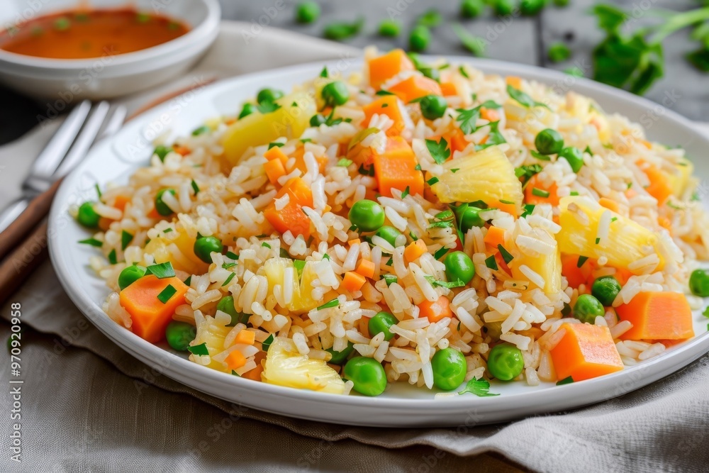 Vegan fried rice with pineapple, carrots and peas, balanced vegan meal Vegan fried rice with pineapple, carrots and peas, balanced vegan meal