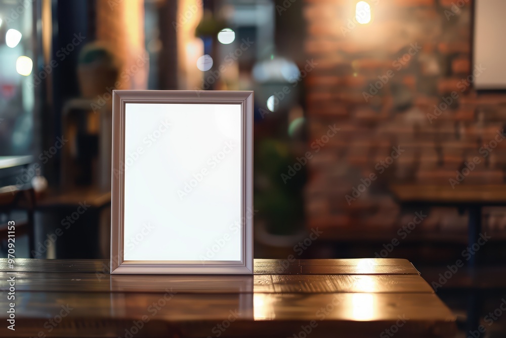 A blank photo frame on a wooden table in a cozy cafe, ideal for showcasing artwork or photographs. A blank photo frame on a wooden table in a cozy cafe, ideal for showcasing artwork or photographs.