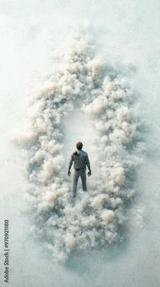 Spooky Minimalist Zombie in Misty Graveyard with Skull-Shaped Smoke, Copy Space for Text Overlay Spooky Minimalist Zombie in Misty Graveyard with Skull-Shaped Smoke, Copy Space for Text Overlay