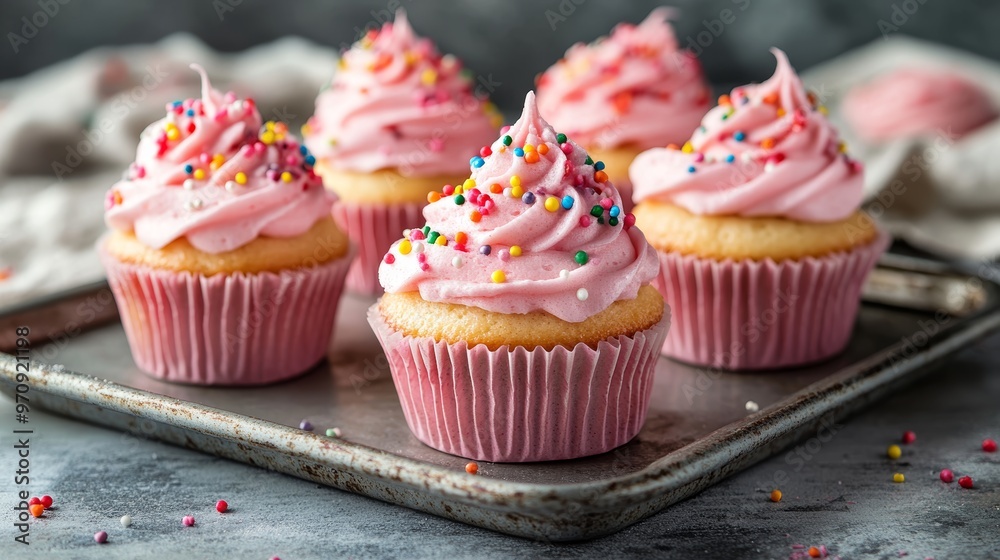 Pink girly cupcakes decorated with sprinkles on metal tray Pink girly cupcakes decorated with sprinkles on metal tray
