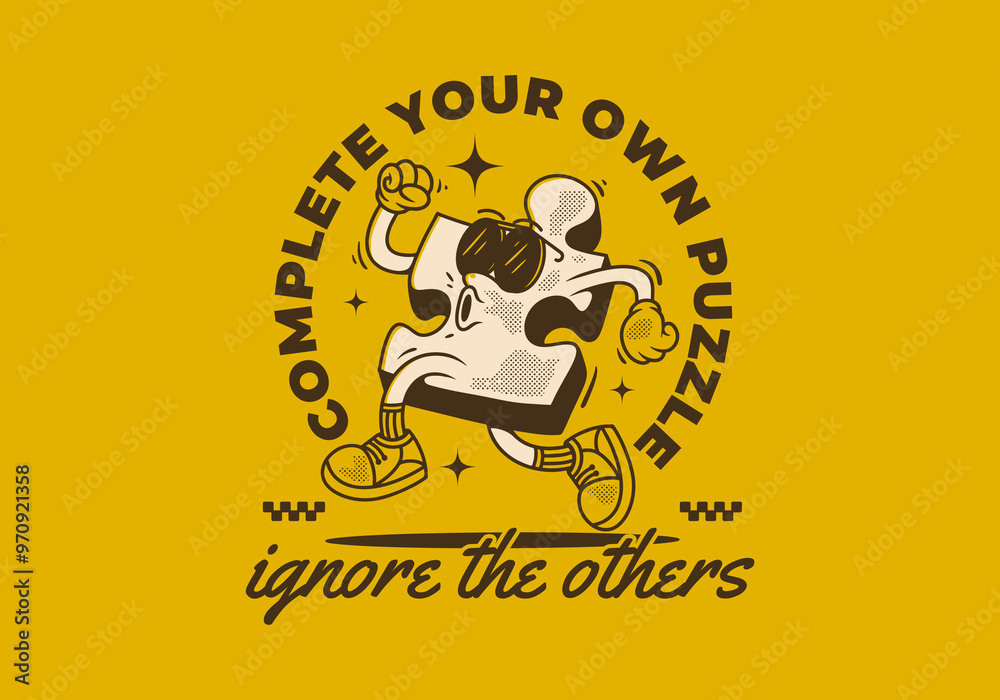 Complete your own puzzle, ignore the others. Mascot character of puzzle in running pose