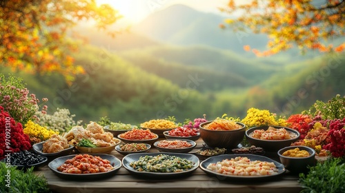 A vibrant outdoor feast showcasing colorful dishes against a scenic mountain backdrop at sunset